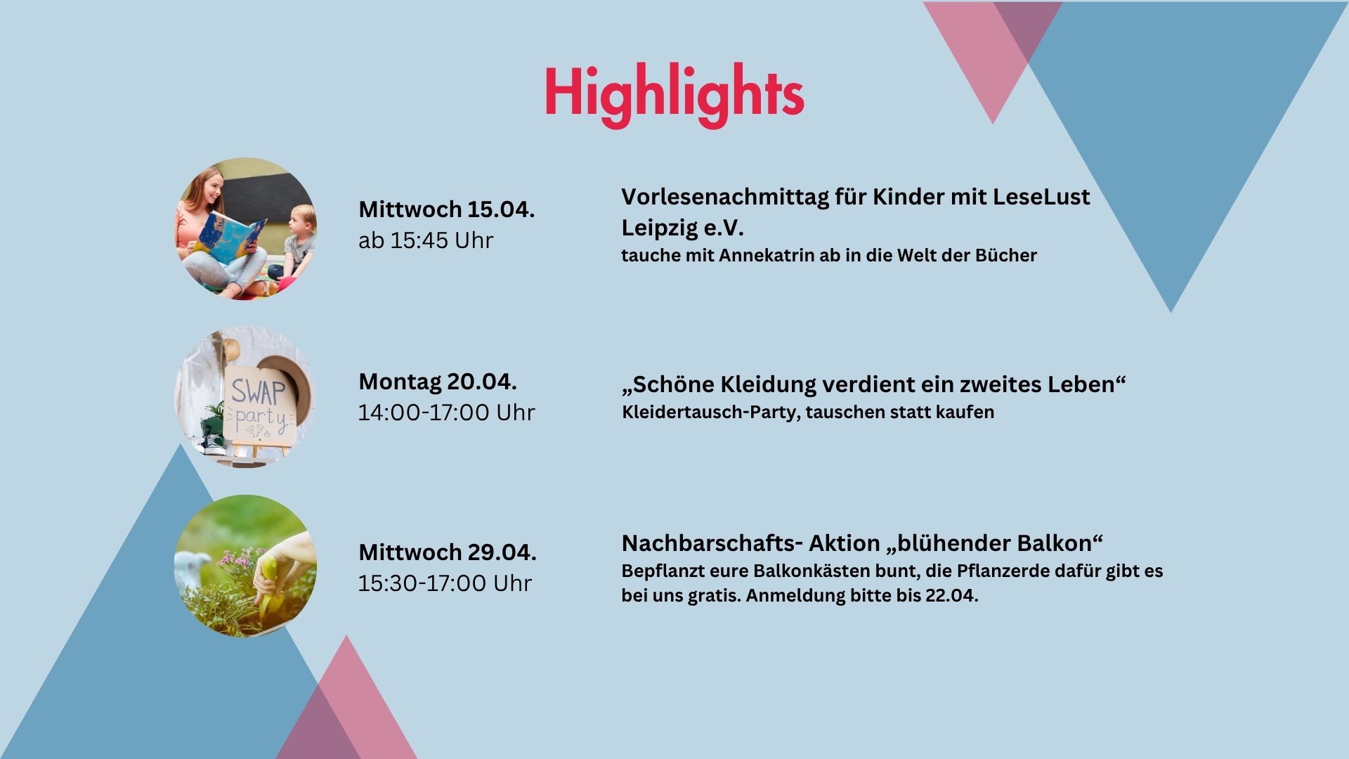 Grafik mit Veranstaltungsübersicht auf hellblauem Hintergrund, drei Kreisbilder zu Vorlesenachmittag, Kleidertauschparty und Balkonpflanzaktion mit Terminen und Uhrzeiten.