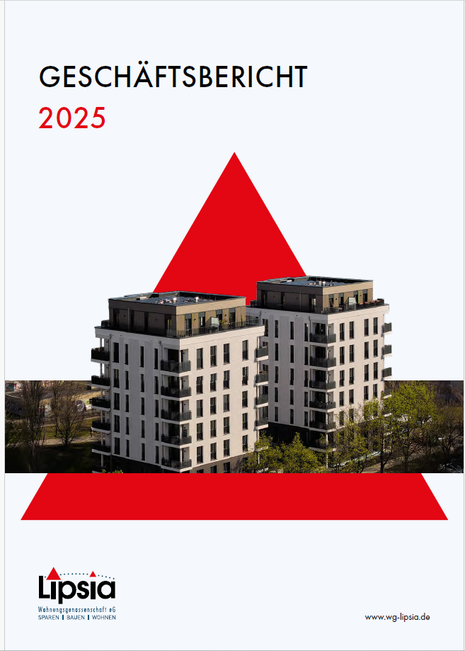 Titelseite des Geschäftsberichts 2025 der Wohnungsgenossenschaft Lipsia mit zwei mehrstöckigen Gebäuden, den sogenannte 